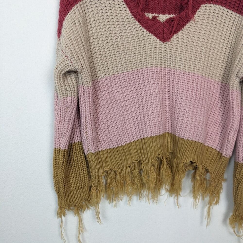 Love Tree Sweater S Pink Combo Colorblock Stripe Distressed V Neck Casual - Picture 4 of 7